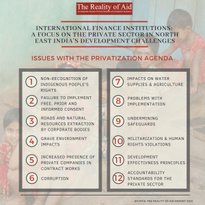 How do International Finance Institutions (IFIs) shape the development discourse in North East India? How involved is the Private Sector in this? What are the effects to the communities?
Access Jiten Yumnam's (CRAM) full study here: https://realityofaid.org/wp-content/uploads/2018/12/RoA-Full-Report2018FINAL3-min.pdf